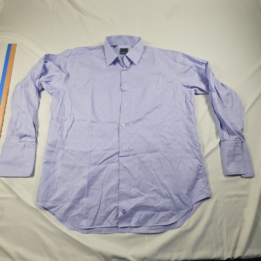 Men's David Donahue Dress Shirt Light Blue Windowpane Cotton 17.5 34/35